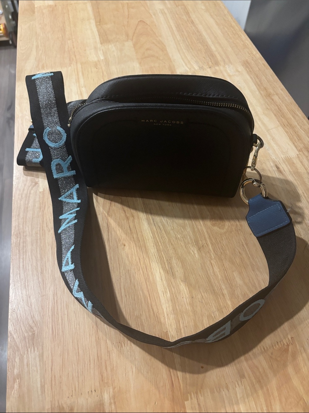 Marc Jacobs Black Leather Belt Bag with Blue Logo Strap